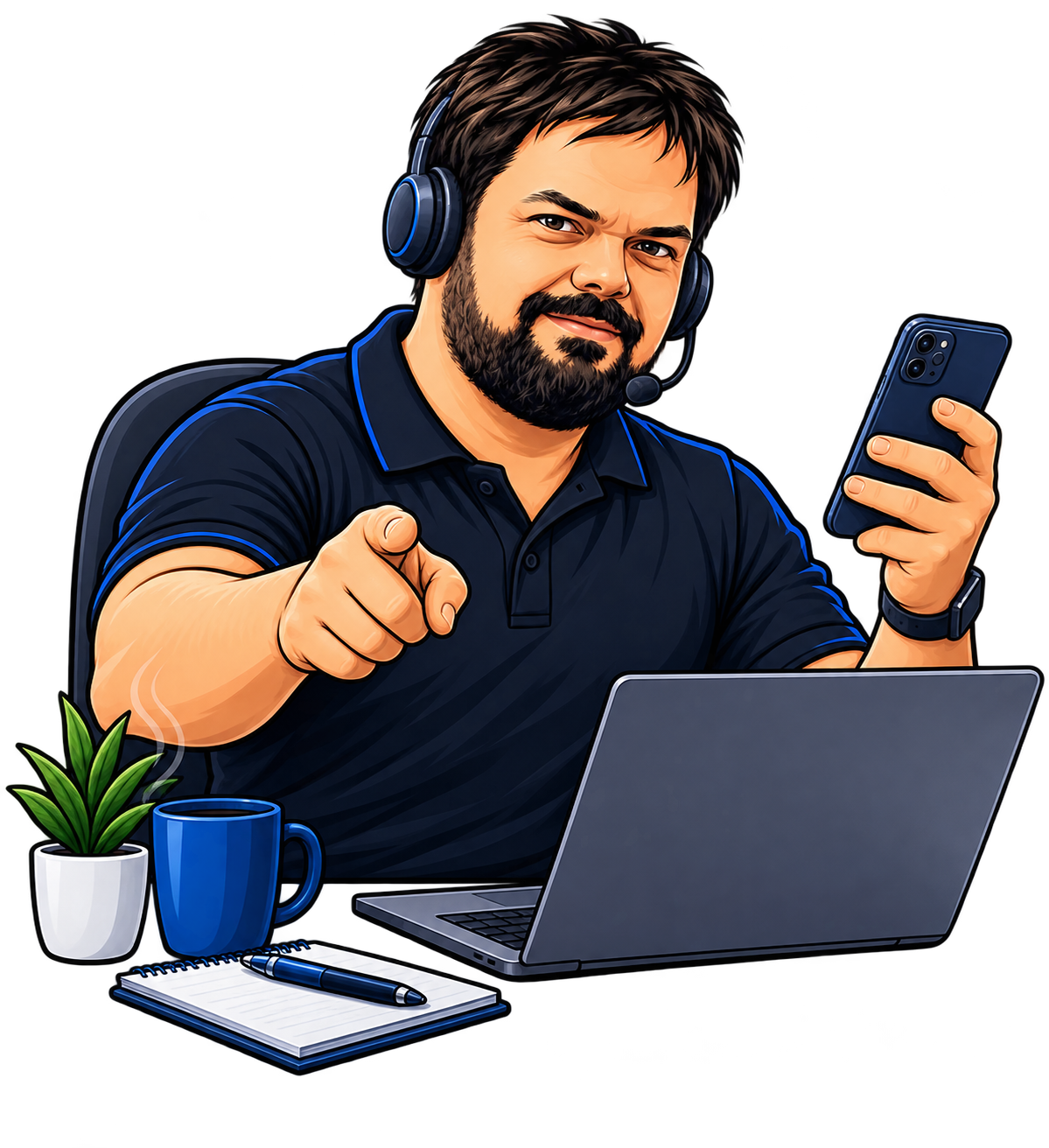 Ilustração do Rui com headset, portátil e telemóvel, pronto para atender o teu pedido