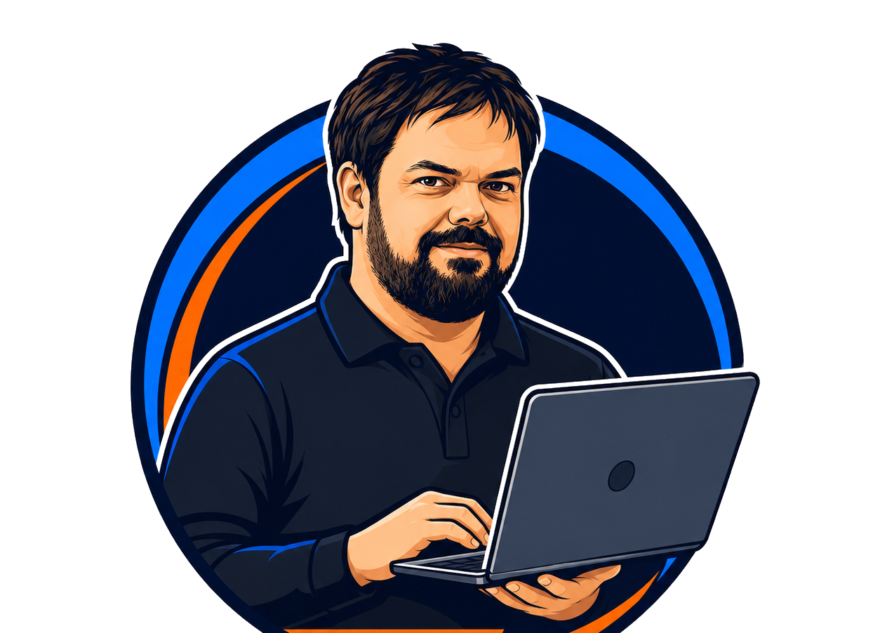 Rui, técnico de informática em Cascais, a trabalhar num portátil