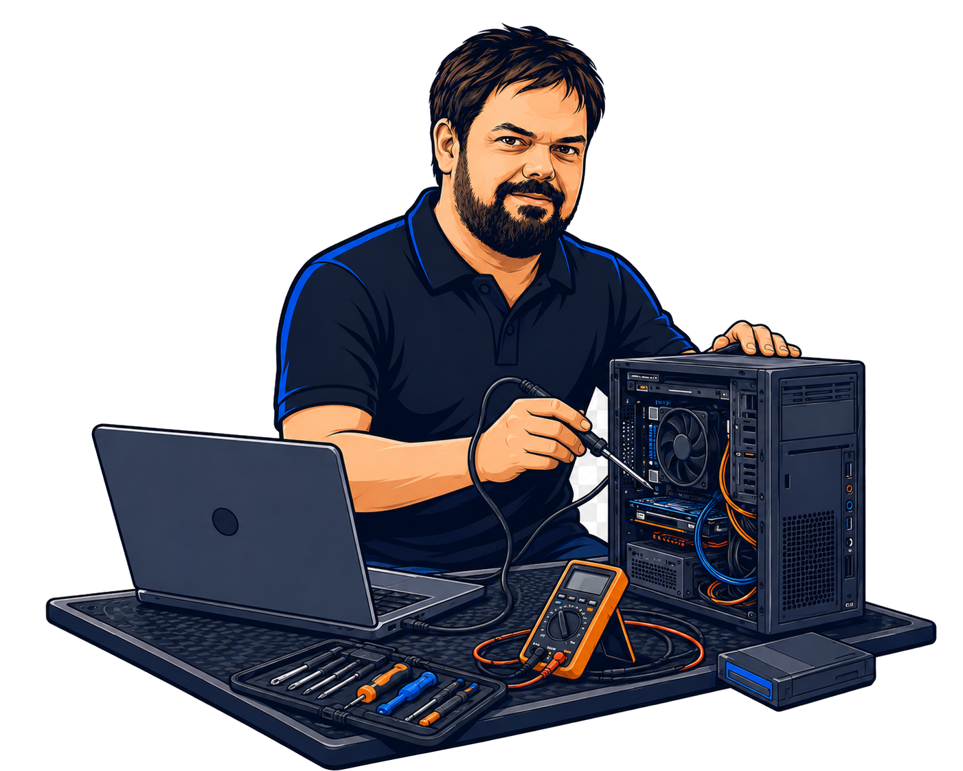 Rui, técnico de informática em Cascais, a diagnosticar um computador na bancada