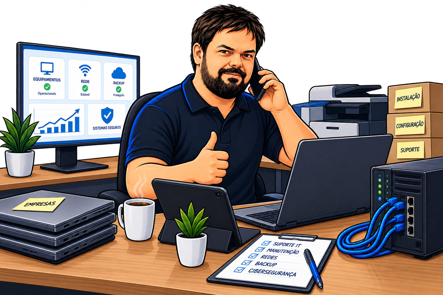 Técnico de informática ao telefone num escritório com computadores, servidor, router e caixas de instalação, configuração e suporte.
