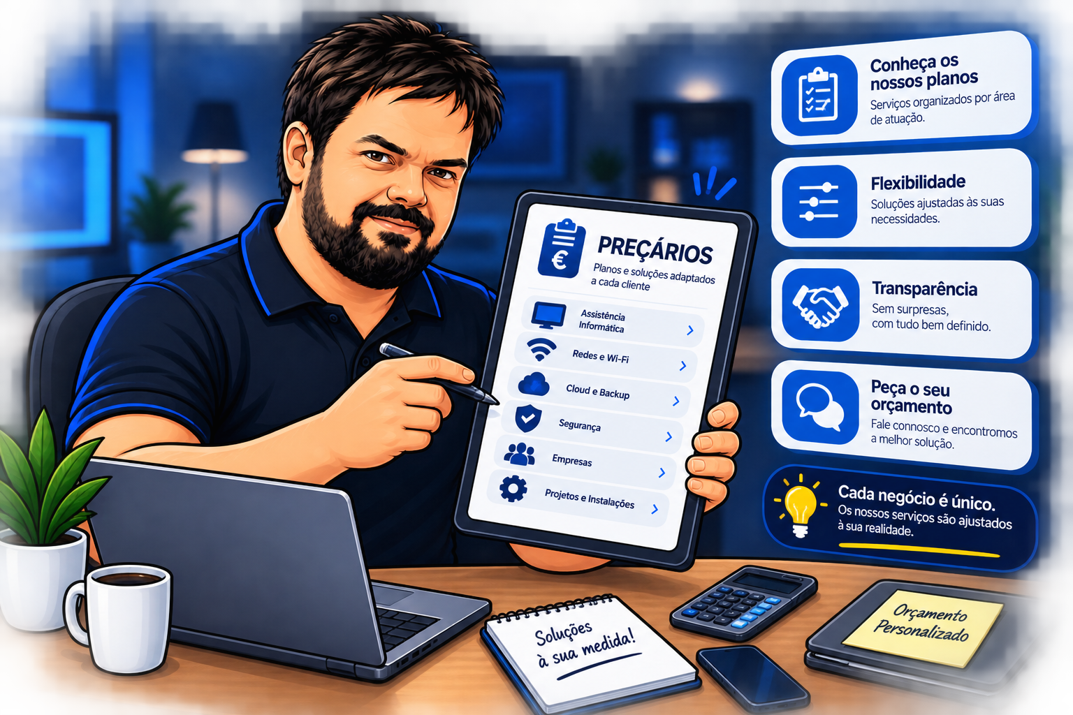 Rui a apresentar o preçário digital com planos e soluções de informática em Cascais